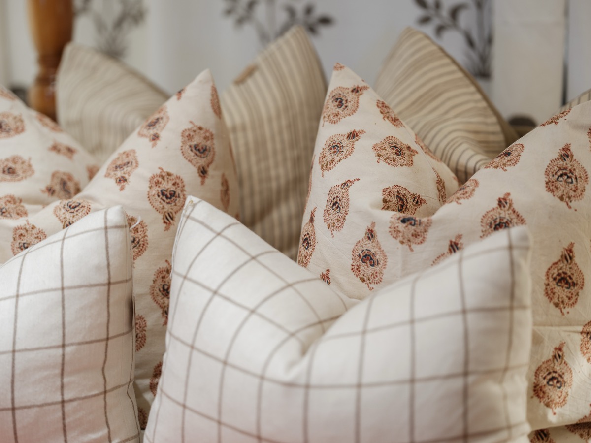 Block-print and check patterned pillows for sale at the Hart Habitats shop