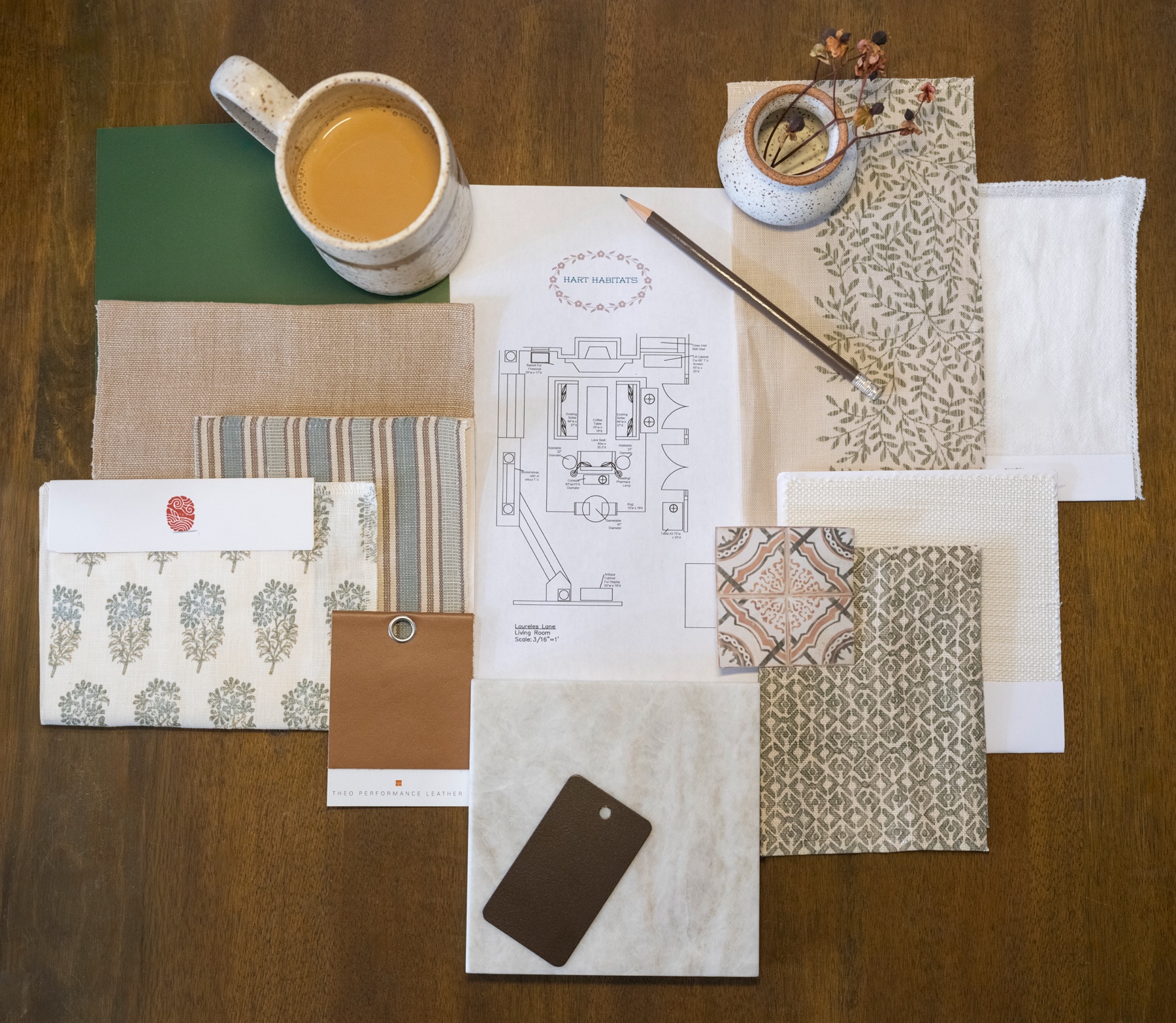 Interior design mood board with fabric, tile and finish samples